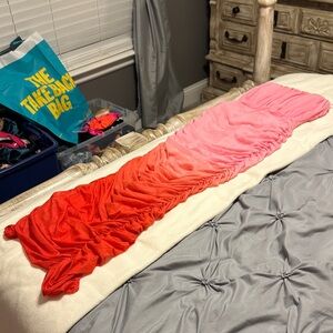 Ombre Pink to Red Ruched Maxi Dress